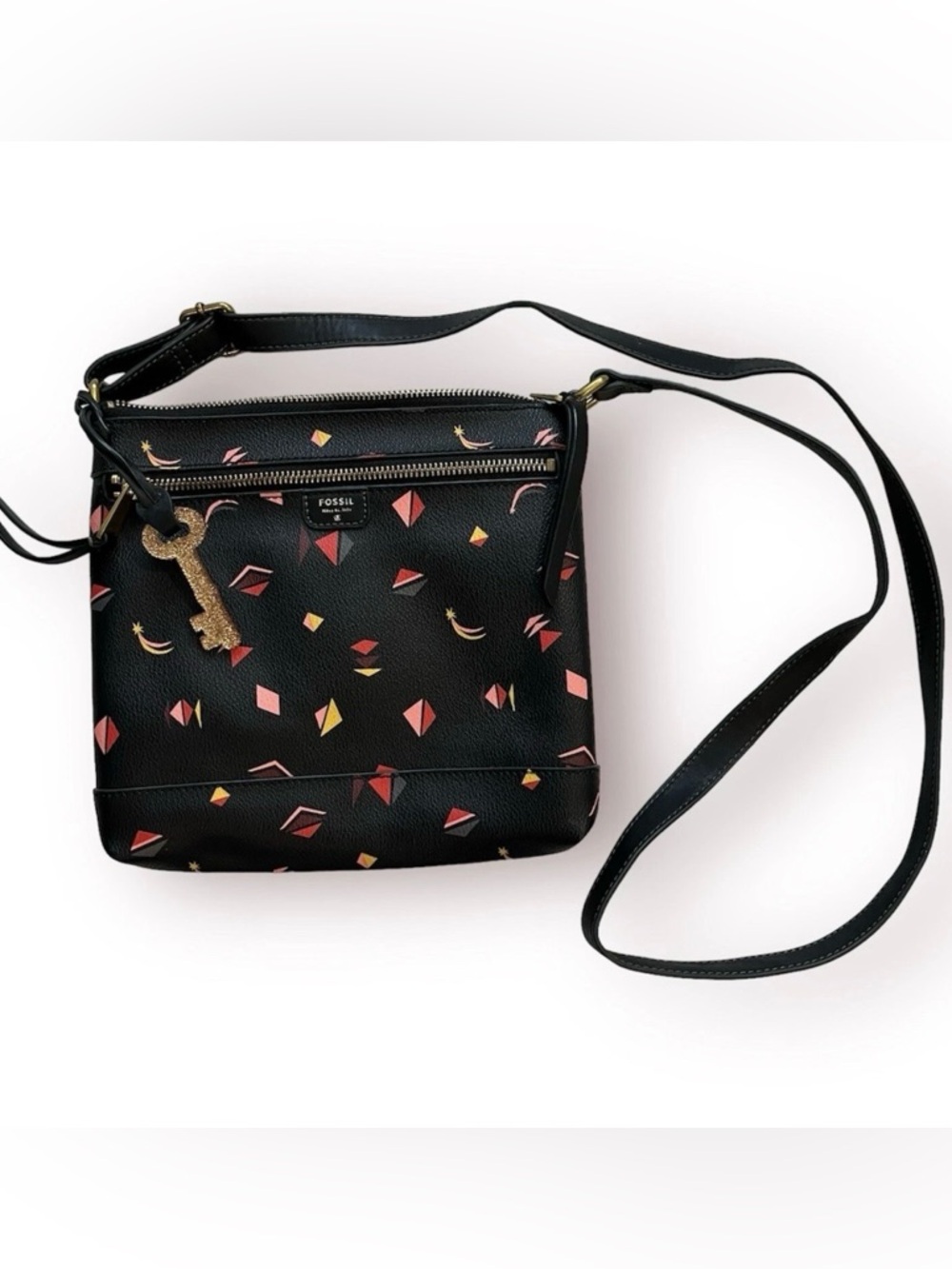 Fossil Crossbody Abstract Triangle Geometric Purse Key Charm Faux Leather Artsy